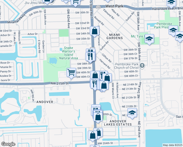 map of restaurants, bars, coffee shops, grocery stores, and more near 4006 South State Road 7 in Miramar