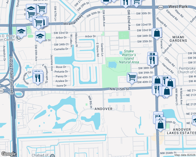 map of restaurants, bars, coffee shops, grocery stores, and more near 3916 East Shore Road in Miramar