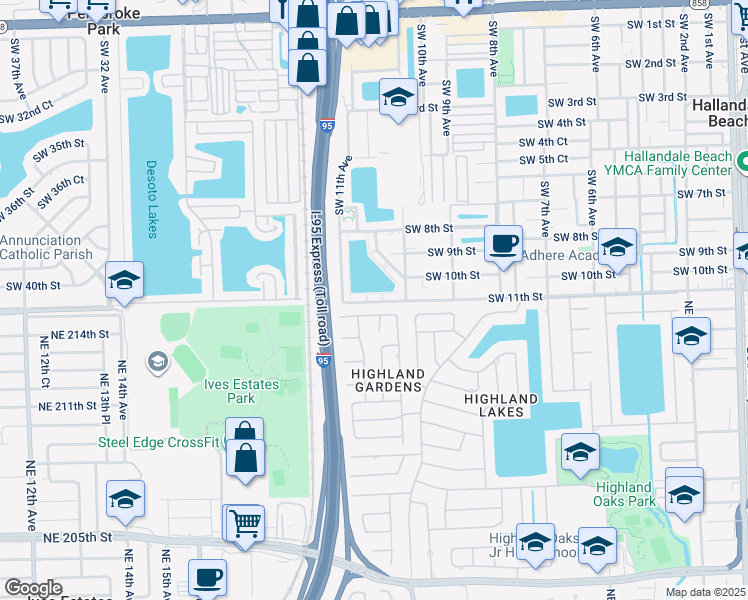 map of restaurants, bars, coffee shops, grocery stores, and more near 6 Southwest 11th Street in Hallandale Beach