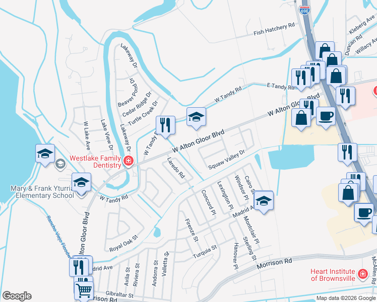 map of restaurants, bars, coffee shops, grocery stores, and more near 3225-3255 Mano Dr in Brownsville