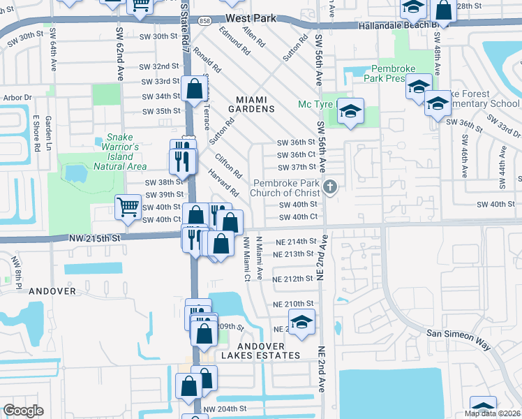 map of restaurants, bars, coffee shops, grocery stores, and more near 4000 Southwest 58th Avenue in West Park