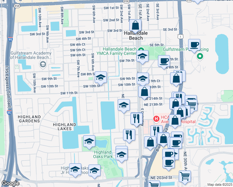 map of restaurants, bars, coffee shops, grocery stores, and more near 2540 Northeast 215th Street in Miami