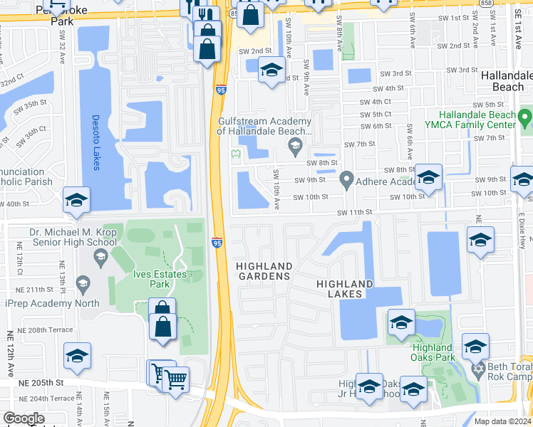 map of restaurants, bars, coffee shops, grocery stores, and more near 16 Southwest 11th Street in Hallandale Beach