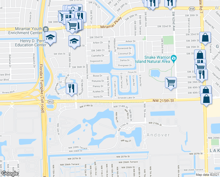 map of restaurants, bars, coffee shops, grocery stores, and more near 3905 Southwest 67th Terrace in Miramar