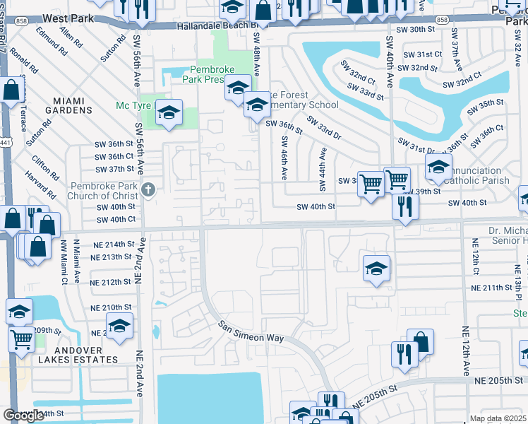 map of restaurants, bars, coffee shops, grocery stores, and more near 4005 Southwest 48th Avenue in West Park