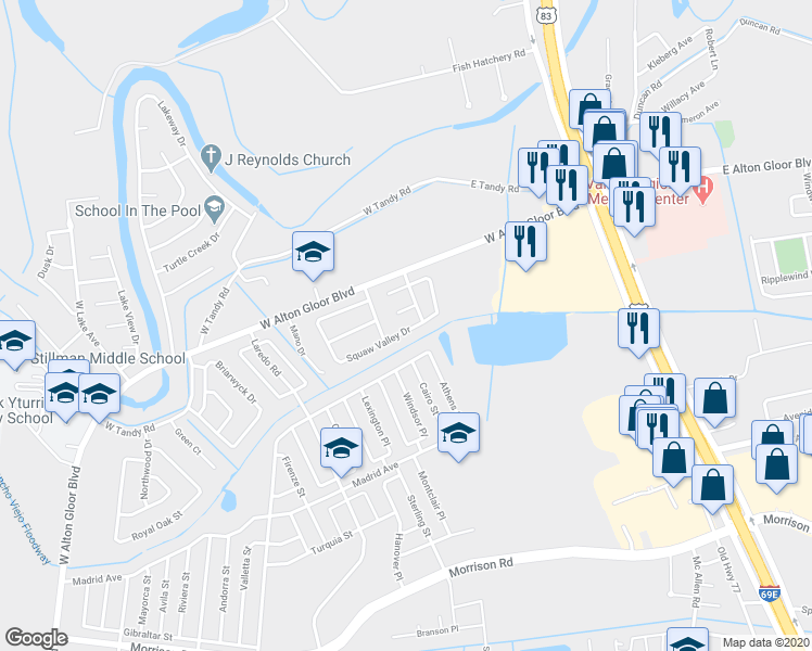 map of restaurants, bars, coffee shops, grocery stores, and more near 1239 Squaw Valley Drive in Brownsville