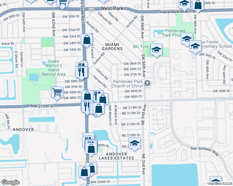 map of restaurants, bars, coffee shops, grocery stores, and more near 4000 Southwest 58th Avenue in West Park