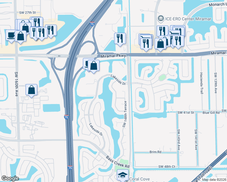 map of restaurants, bars, coffee shops, grocery stores, and more near 3780 Southwest 149th Terrace in Miramar