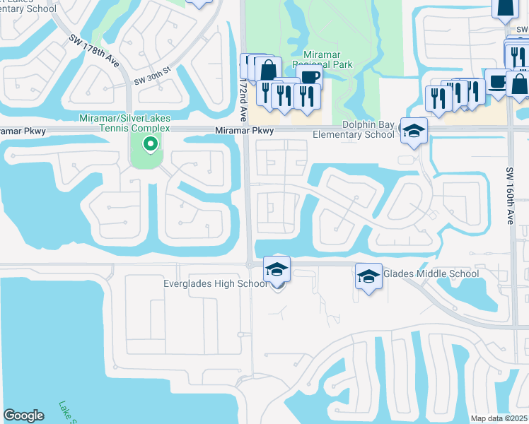 map of restaurants, bars, coffee shops, grocery stores, and more near 3858 Southwest 171st Avenue in Miramar