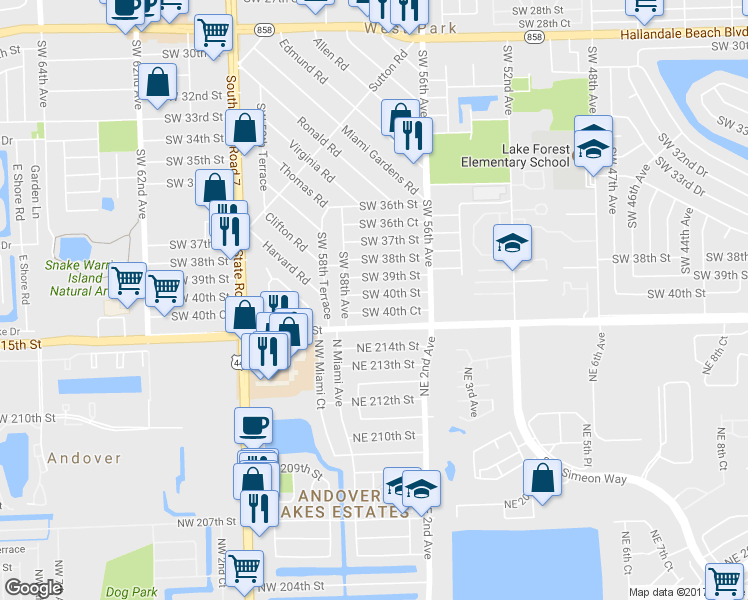 map of restaurants, bars, coffee shops, grocery stores, and more near 5710 Southwest 40th Street in West Park