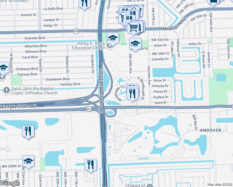 map of restaurants, bars, coffee shops, grocery stores, and more near 69 Southwest 38th Court in Miramar