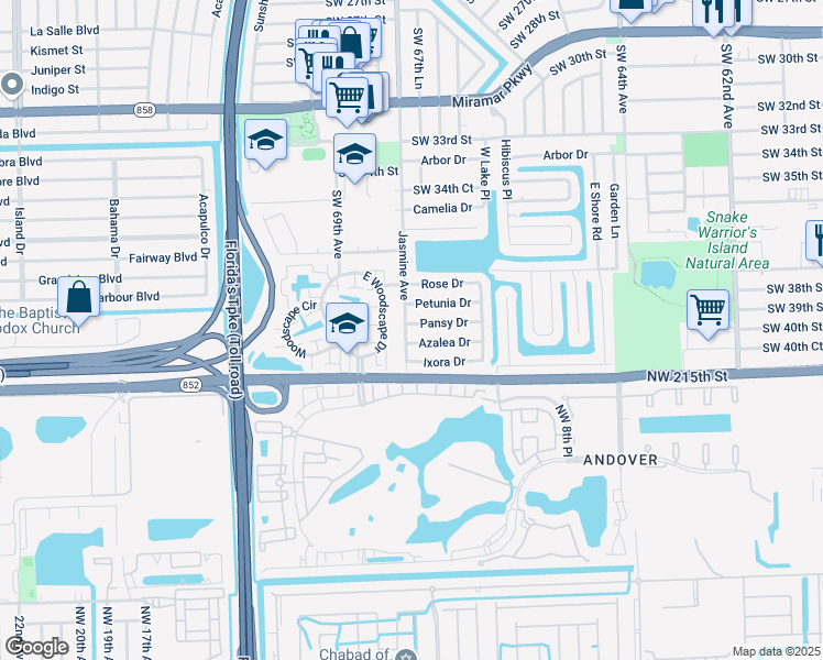 map of restaurants, bars, coffee shops, grocery stores, and more near 6772 Pansy Drive in Miramar