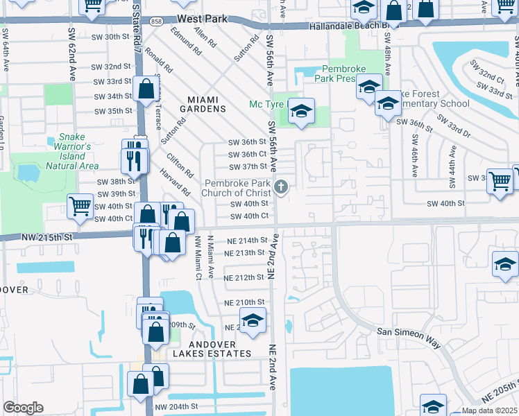 map of restaurants, bars, coffee shops, grocery stores, and more near 5620 Southwest 40th Street in West Park