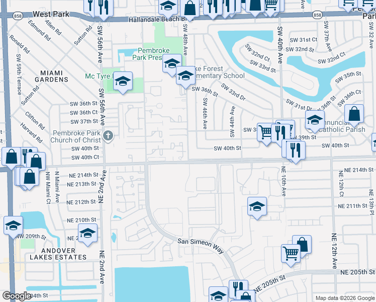 map of restaurants, bars, coffee shops, grocery stores, and more near 4005 Southwest 48th Avenue in West Park