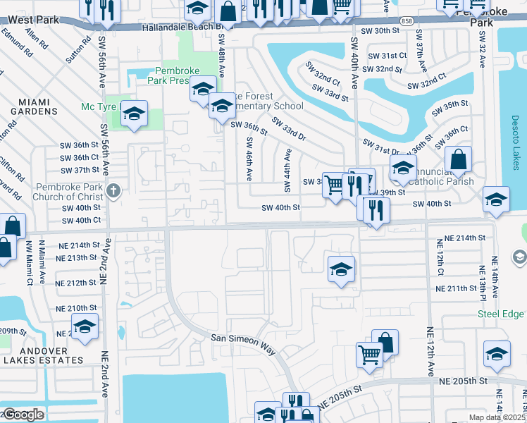 map of restaurants, bars, coffee shops, grocery stores, and more near 4510 Southwest 40th Street in West Park