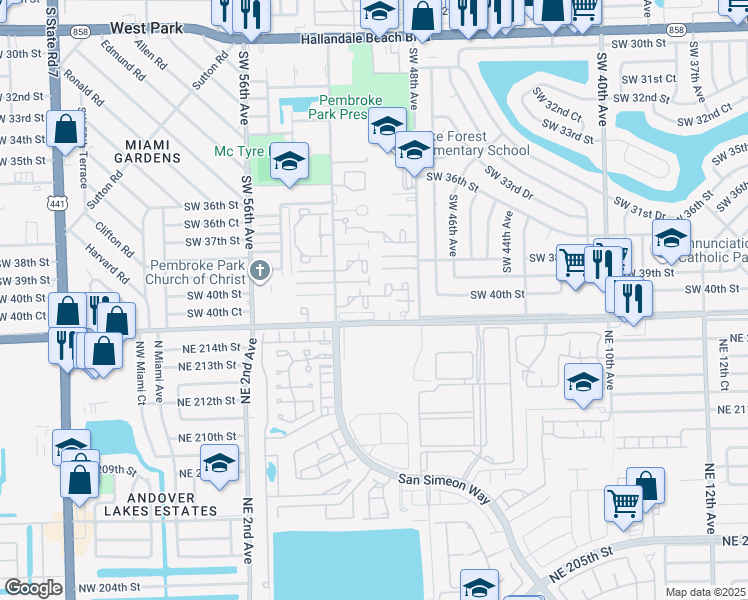 map of restaurants, bars, coffee shops, grocery stores, and more near 4009 Southwest 52nd Avenue in Pembroke Park