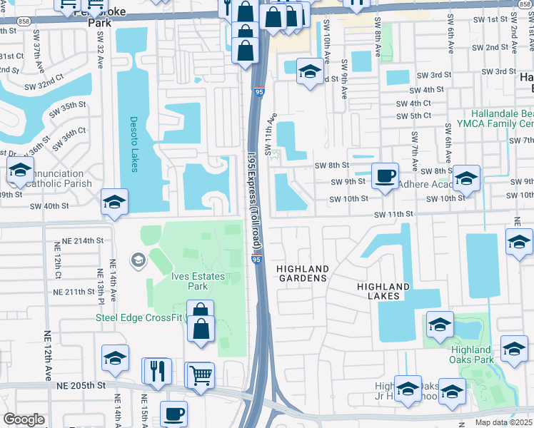 map of restaurants, bars, coffee shops, grocery stores, and more near 6 Southwest 11th Street in Hallandale Beach