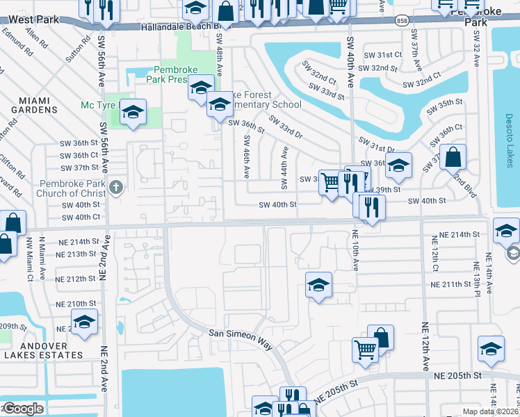 map of restaurants, bars, coffee shops, grocery stores, and more near 4510 Southwest 40th Street in West Park