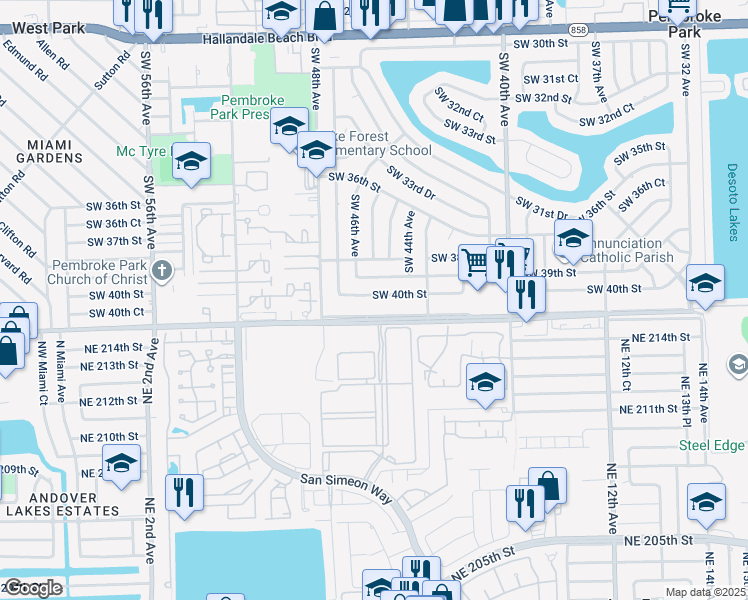 map of restaurants, bars, coffee shops, grocery stores, and more near 4510 Southwest 40th Street in West Park