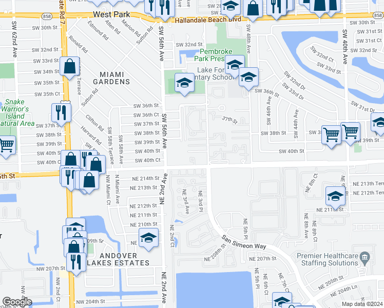 map of restaurants, bars, coffee shops, grocery stores, and more near 5433 Northeast 215th Street in Pembroke Park