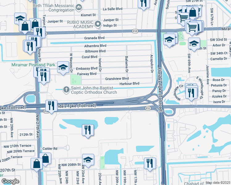 map of restaurants, bars, coffee shops, grocery stores, and more near 7451 Riviera Boulevard in Miramar