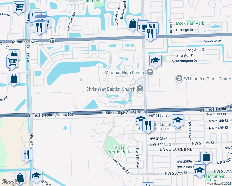 map of restaurants, bars, coffee shops, grocery stores, and more near 3476 Foxcroft Road in Miramar