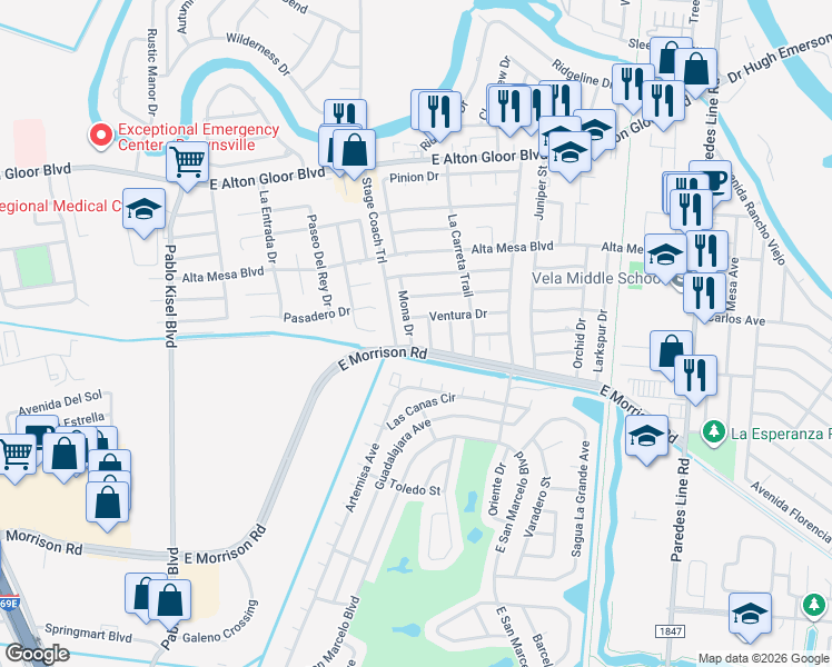 map of restaurants, bars, coffee shops, grocery stores, and more near 4708 Mona Drive in Brownsville