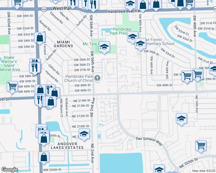 map of restaurants, bars, coffee shops, grocery stores, and more near 5433 Northeast 215th Street in Pembroke Park