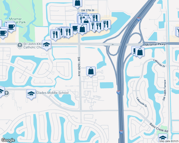 map of restaurants, bars, coffee shops, grocery stores, and more near 3701 Southwest 160th Avenue in Miramar