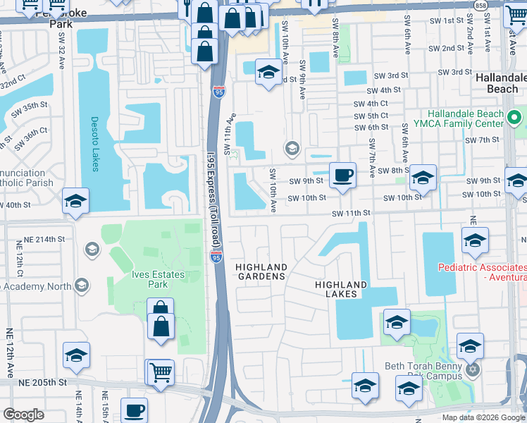 map of restaurants, bars, coffee shops, grocery stores, and more near 16 Southwest 11th Street in Hallandale Beach