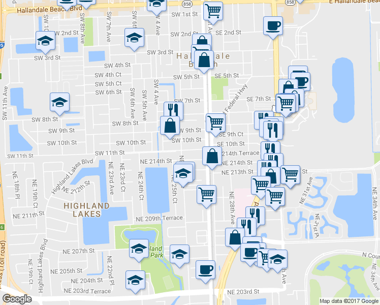 map of restaurants, bars, coffee shops, grocery stores, and more near 2630 Northeast 215th Street in Miami