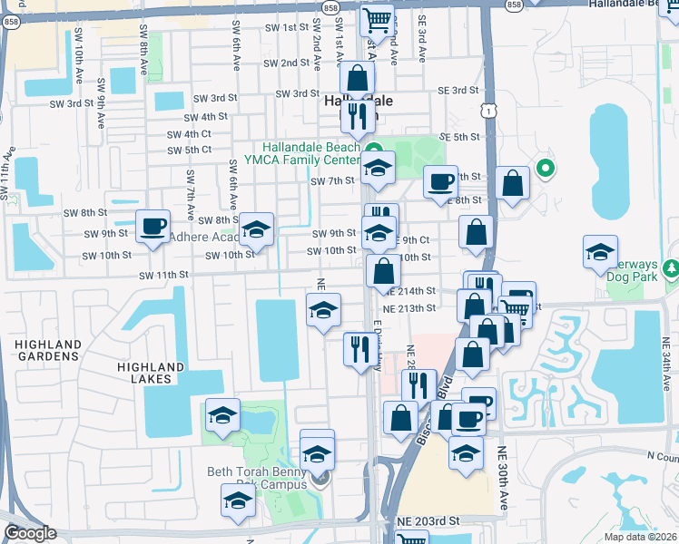 map of restaurants, bars, coffee shops, grocery stores, and more near 2630 Northeast 215th Street in Miami