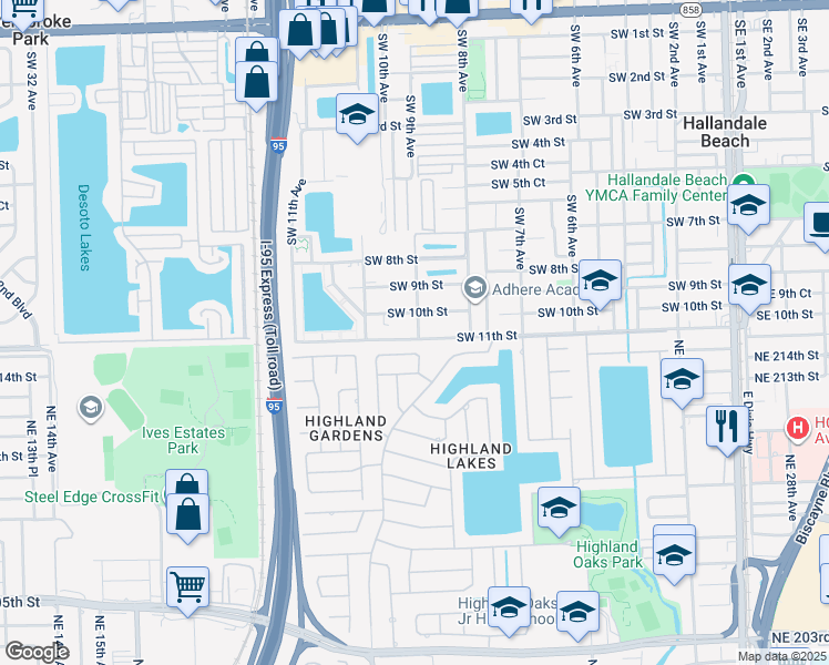 map of restaurants, bars, coffee shops, grocery stores, and more near 2061 Northeast 214th Terrace in Miami