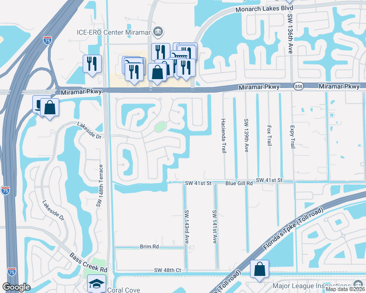 map of restaurants, bars, coffee shops, grocery stores, and more near 3801 Southwest 144th Avenue in Miramar