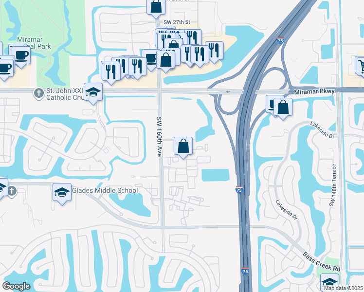 map of restaurants, bars, coffee shops, grocery stores, and more near 3701 Southwest 160th Avenue in Miramar