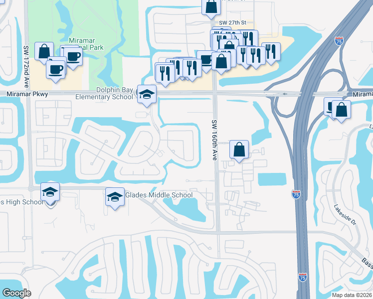 map of restaurants, bars, coffee shops, grocery stores, and more near 3662 Southwest 162nd Avenue in Miramar