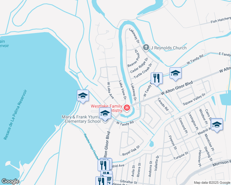 map of restaurants, bars, coffee shops, grocery stores, and more near 4208 Canyon Lake Court in Brownsville