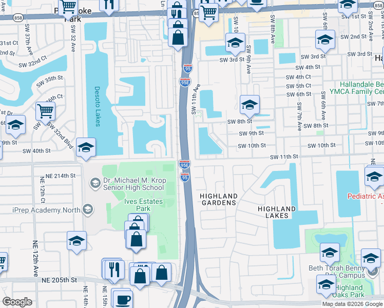 map of restaurants, bars, coffee shops, grocery stores, and more near 1000 Southwest 11th Avenue in Hallandale Beach