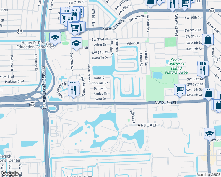 map of restaurants, bars, coffee shops, grocery stores, and more near 3905 Southwest 67th Terrace in Miramar