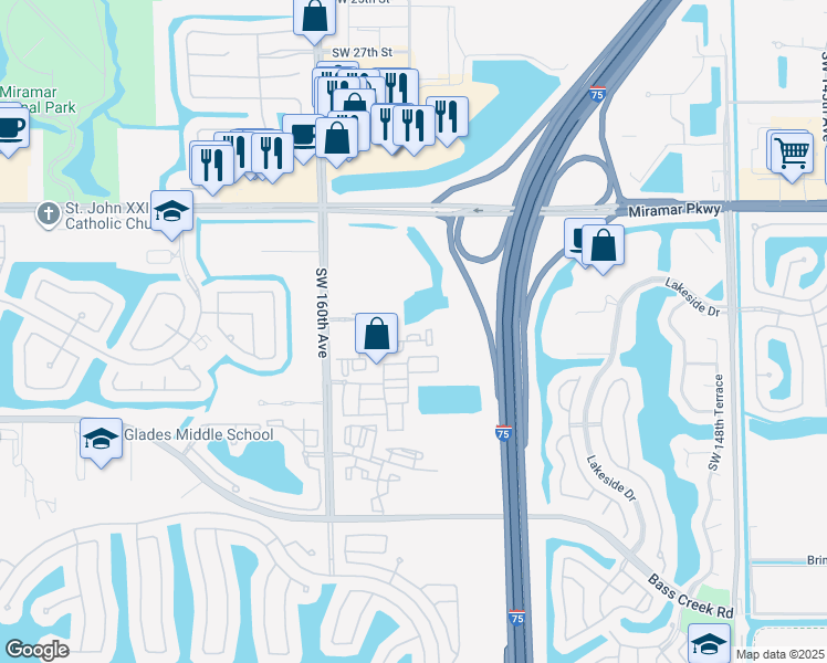 map of restaurants, bars, coffee shops, grocery stores, and more near 3751 Southwest 160th Avenue in Miramar