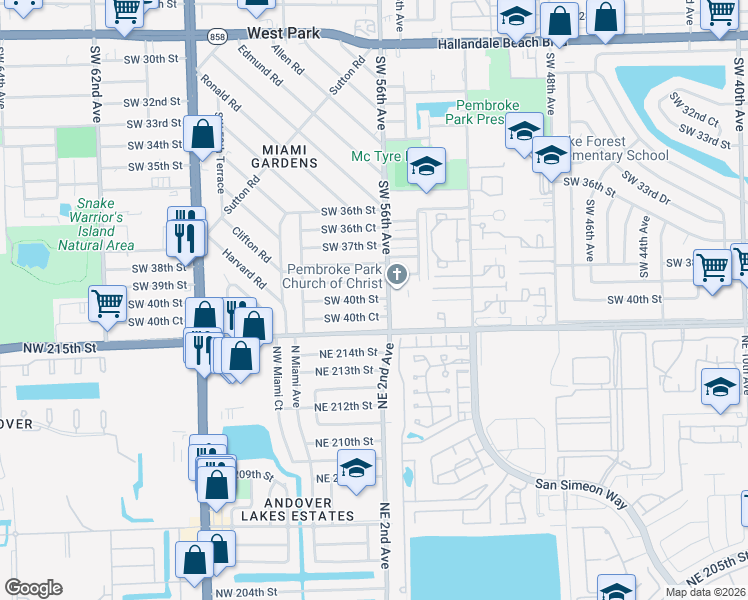 map of restaurants, bars, coffee shops, grocery stores, and more near 5620 Southwest 40th Street in West Park