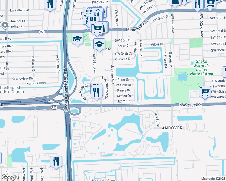 map of restaurants, bars, coffee shops, grocery stores, and more near 6772 Pansy Drive in Miramar