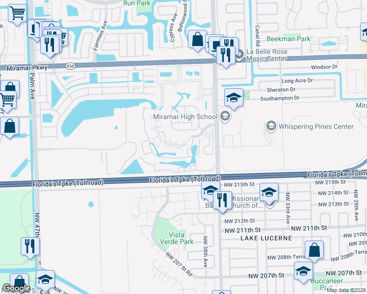 map of restaurants, bars, coffee shops, grocery stores, and more near 9063 Southwest 39th Street in Miramar