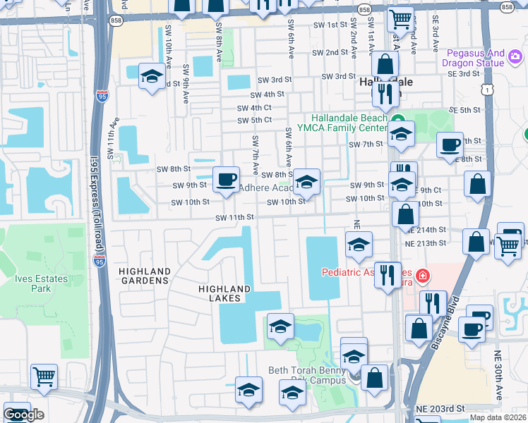 map of restaurants, bars, coffee shops, grocery stores, and more near 2320 Northeast 215th Street in Miami