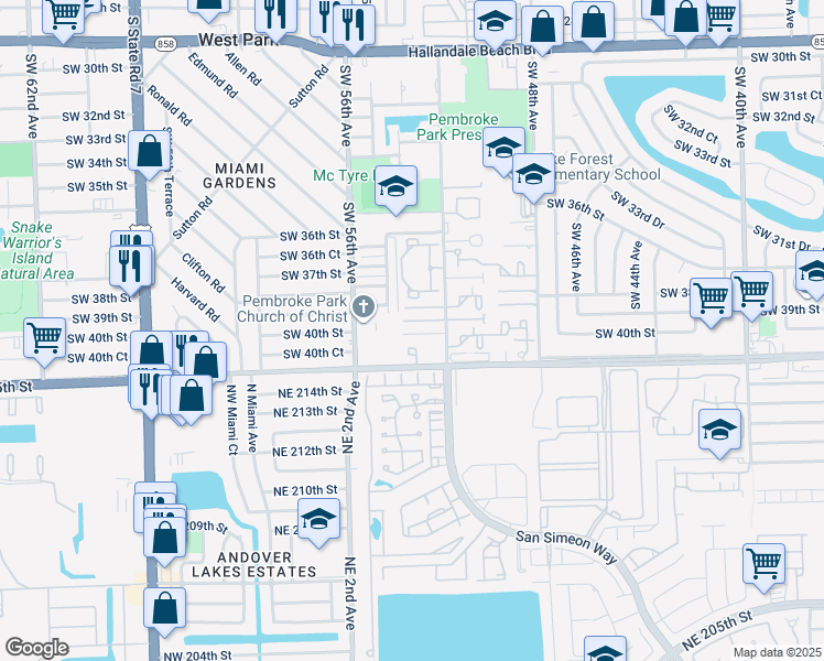 map of restaurants, bars, coffee shops, grocery stores, and more near 5433 Northeast 215th Street in Pembroke Park