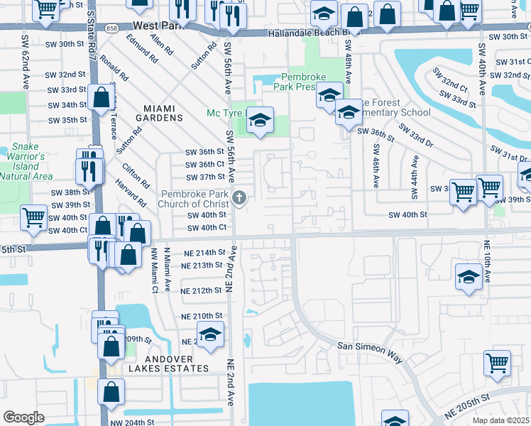map of restaurants, bars, coffee shops, grocery stores, and more near 5433 Northeast 215th Street in Pembroke Park