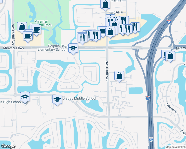 map of restaurants, bars, coffee shops, grocery stores, and more near 3662 Southwest 162nd Avenue in Miramar
