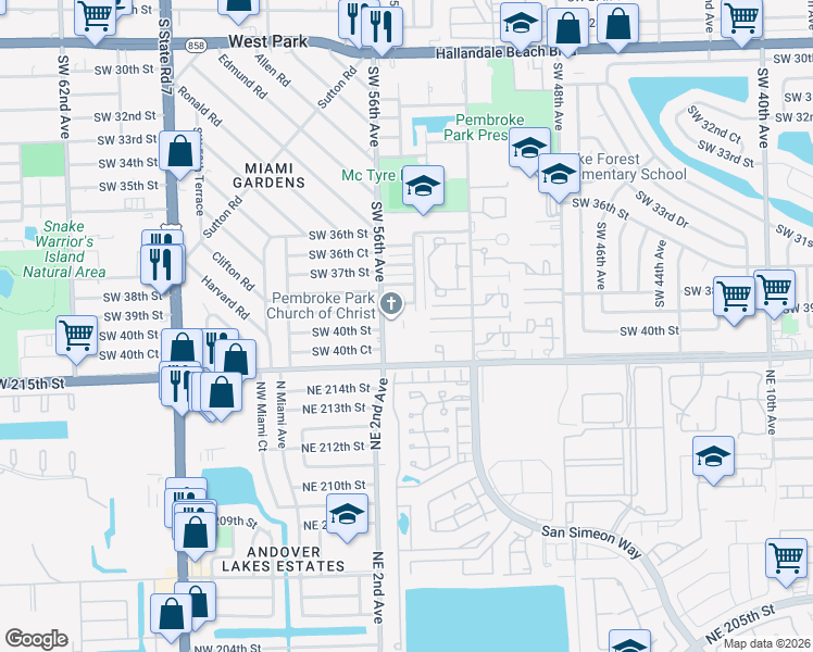 map of restaurants, bars, coffee shops, grocery stores, and more near 3707 Southwest 56th Avenue in Pembroke Park