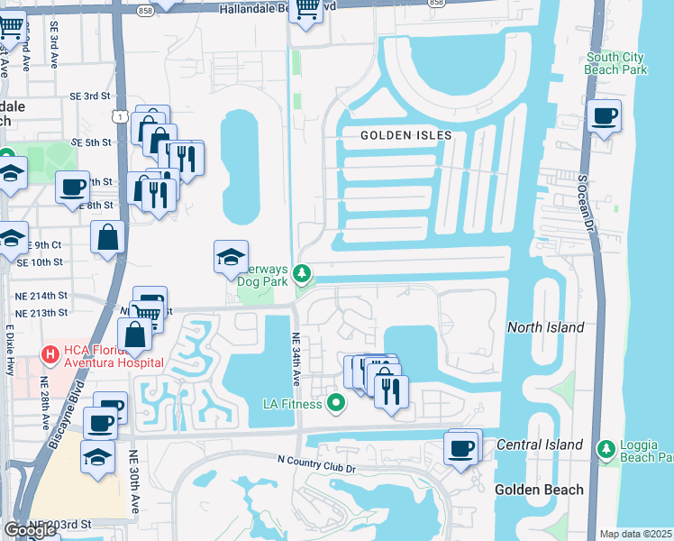 map of restaurants, bars, coffee shops, grocery stores, and more near 479 Holiday Drive in Hallandale Beach