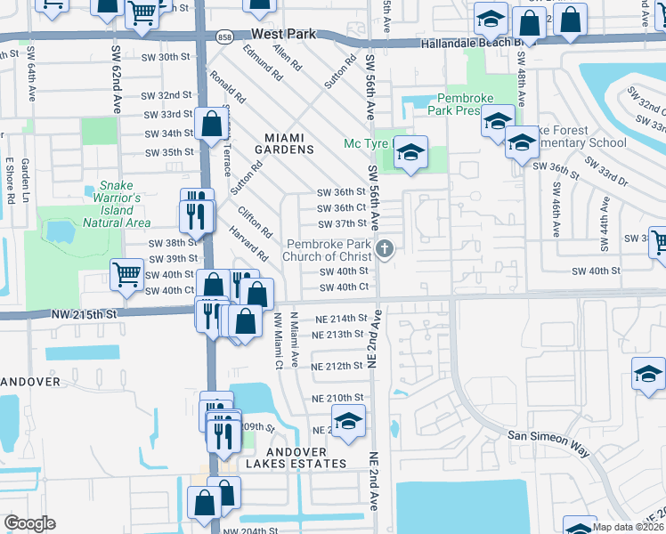 map of restaurants, bars, coffee shops, grocery stores, and more near 5710 Southwest 40th Street in West Park